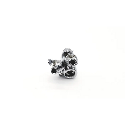 Shiny chrome acmi g153 double channel cysto bridge dog-shaped metal charm with three circular openings and top loop