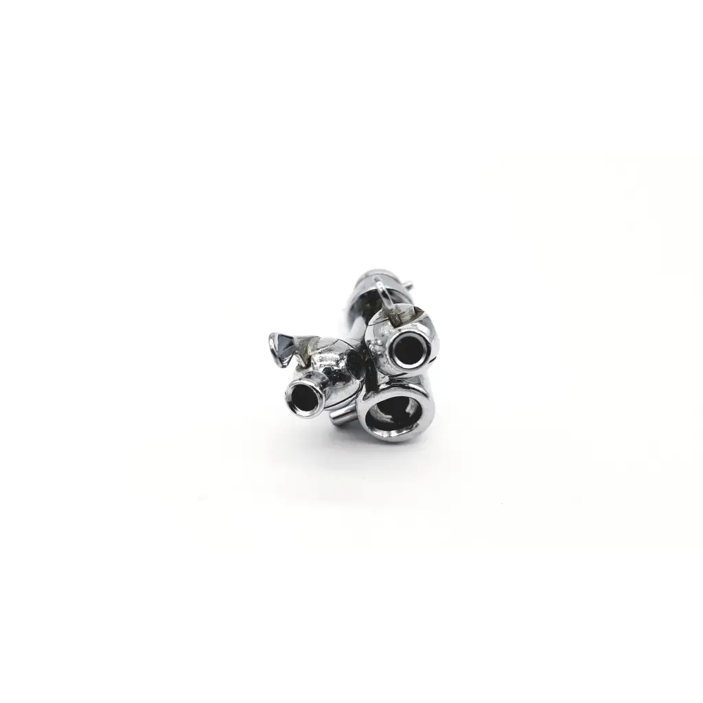 Shiny chrome-plated acmi g153 double channel cysto dog-shaped metal charm with three openings and loop at top
