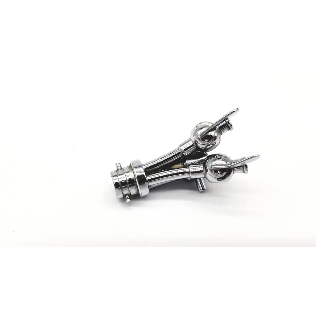 Shiny chrome-plated metal y-shaped connector with spherical ends and threaded fittings for acmi g153 double channel cysto use