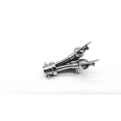 Shiny chrome-plated metal y-shaped connector with spherical ends and threaded fittings for acmi g153 double channel cysto use