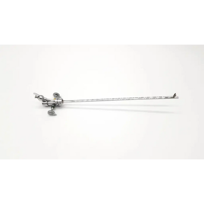 Silver surgical instrument acmi g155 albarran bridge with slender metallic shaft and articulated control knobs at handle end
