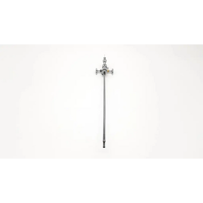 Silver-colored metal showerhead with long slender spout and adjustable valve for acmi g155 albarran bridge use