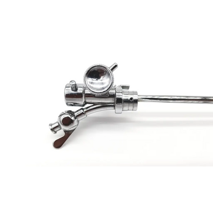 Shiny chrome surgical instrument with a circular lens and articulated joints acmi g155 albarran bridge