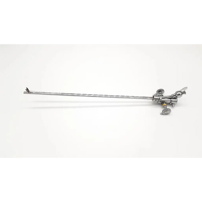Silver-colored metal acmi g155 albarran endoscope with long slender shaft and articulated control knobs at handle