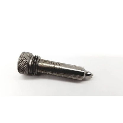 Silver stainless steel surgical drill bit with knurled hexagonal head and tapered pointed tip for precision use