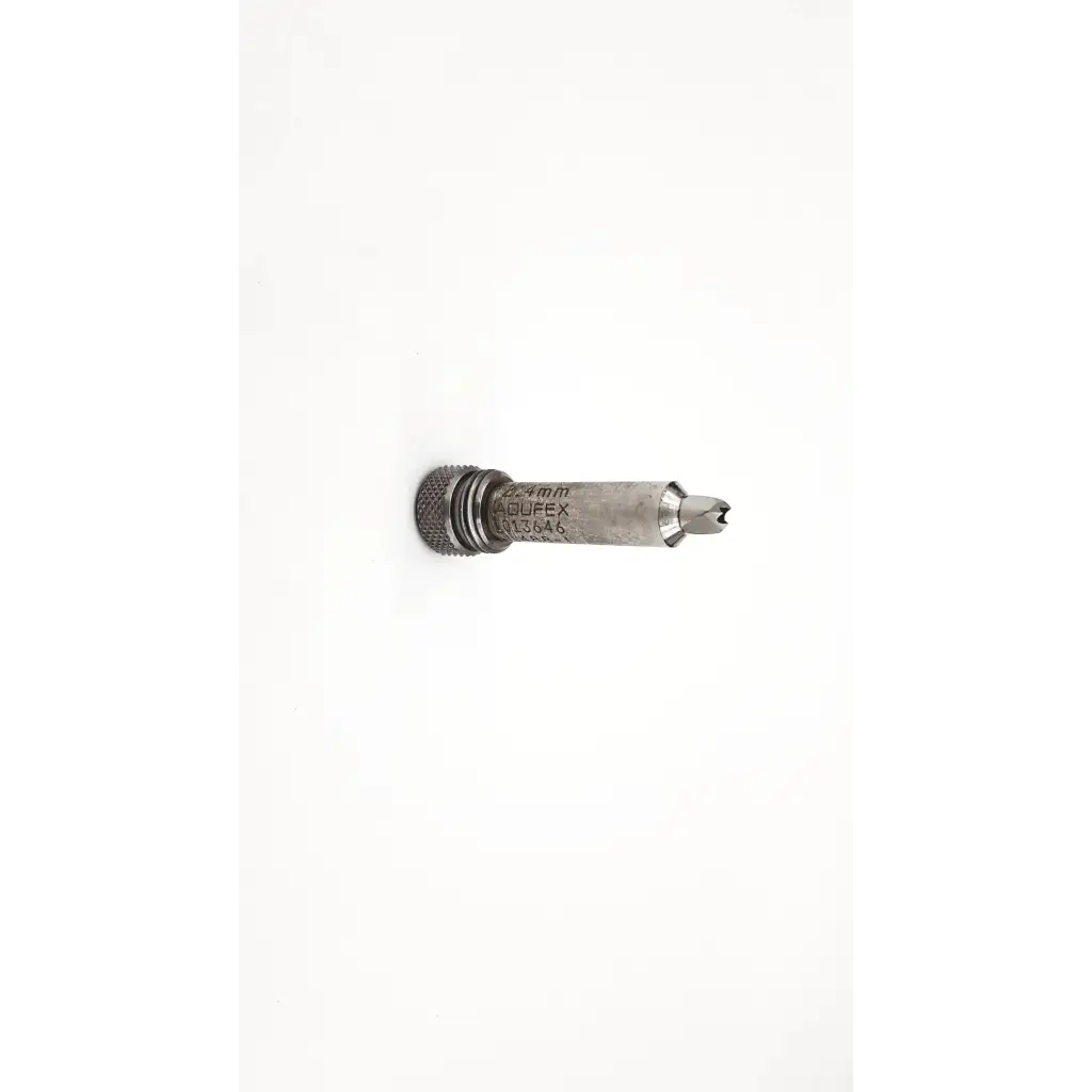 Silver metallic stainless steel surgical dental drill bit with textured grip and engraved markings Acufex 013646 sleeve