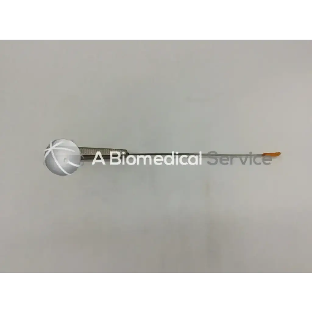 Silver spherical acufex 015185 endobutton depth probe with textured grip and orange-tipped depth probe instrument