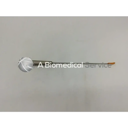 Silver spherical acufex 015185 endobutton depth probe with textured grip and orange-tipped depth probe instrument