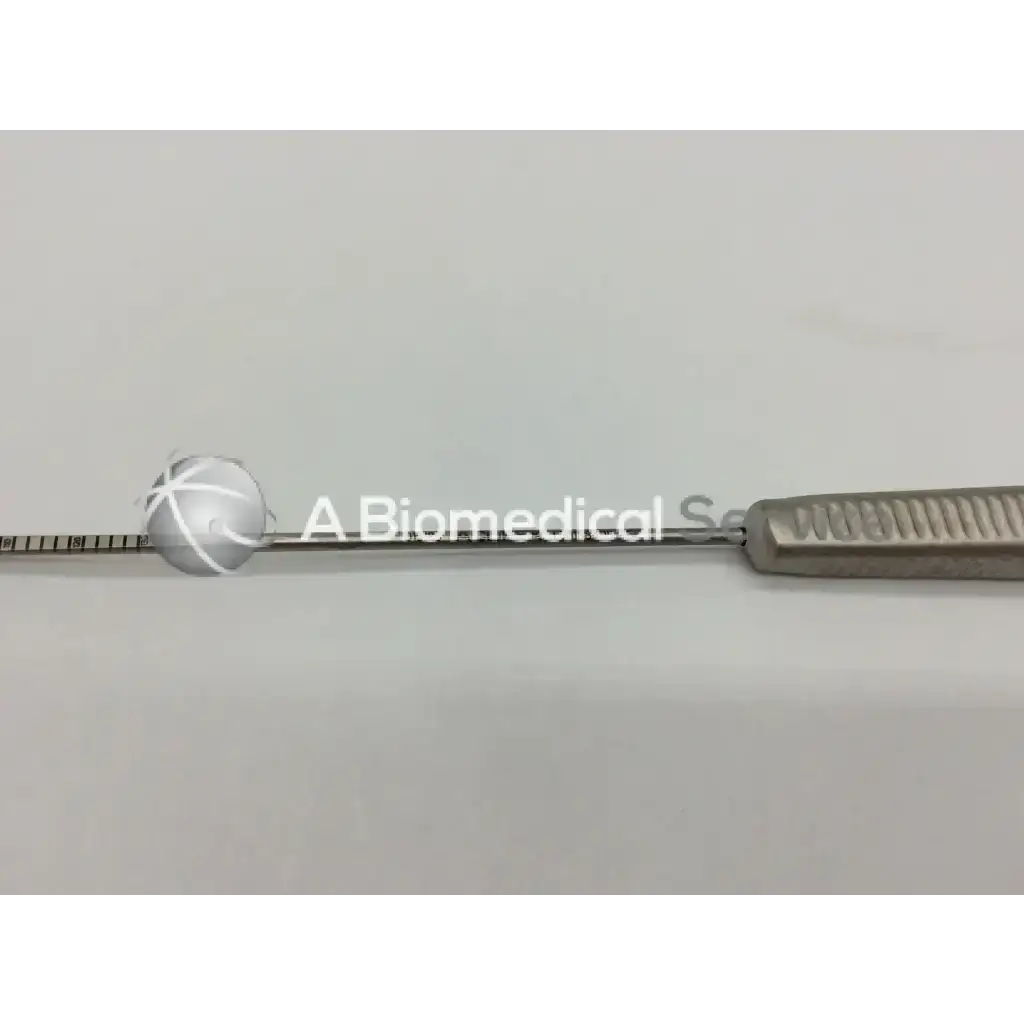 Silver acufex 015185 endobutton depth probe with textured handle and spherical tip marked with measurement increments