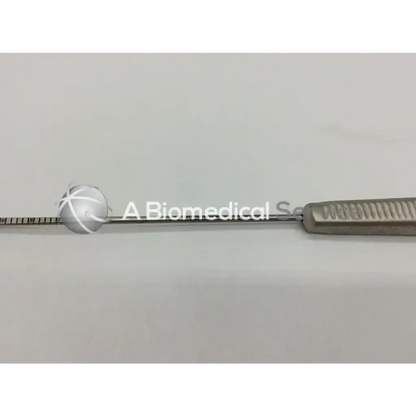 Silver acufex 015185 endobutton depth probe with textured handle and spherical tip marked with measurement increments