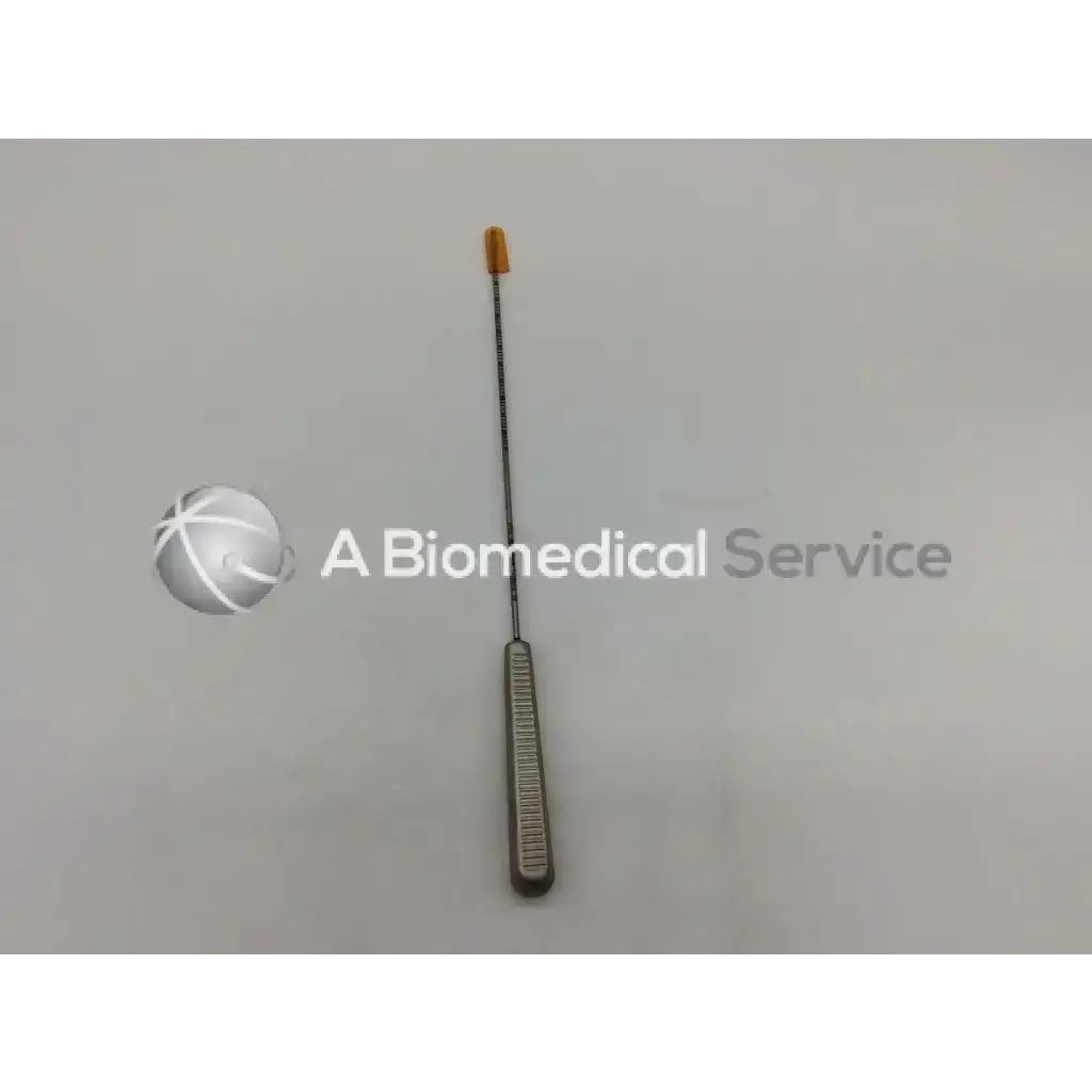 Silver surgical endobutton depth probe with textured handle and orange-tipped probe designed for precise depth measurement