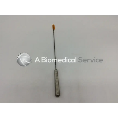 Silver surgical endobutton depth probe with textured handle and orange-tipped probe designed for precise depth measurement