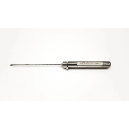 Silver-toned acufex 3168vf03 arthroscopy surgical instrument with slender polished metal shaft and handle