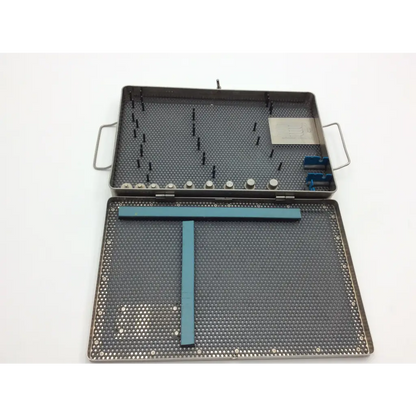 Acufex arthroscopic instrument tray case with stainless steel perforated surface and integrated handles for surgical use
