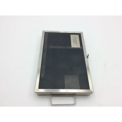Rectangular stainless steel mesh filter with handle and label in acufex arthroscopic instrument tray case