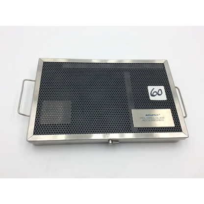 Acufex arthroscopic instrument tray case with rectangular stainless steel grill guide and black perforated mesh surface
