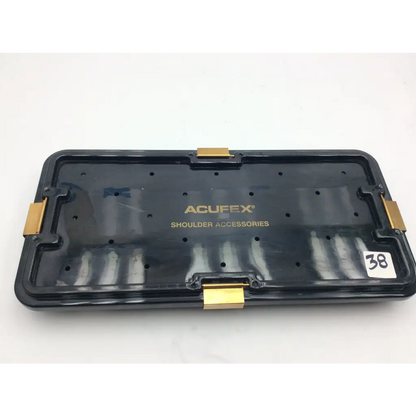Black plastic acufex shoulder accessories tray with gold-tone metal latches and white 38 inch sticker on corner