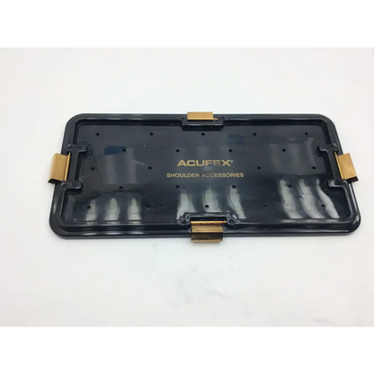 Black plastic acufex shoulder accessories tray with gold-tone metal clasps for organizing acufex shoulder tools