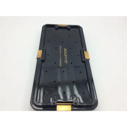 Black plastic acufex shoulder accessories tray with gold-tone metal clasps for secure storage of acufex shoulder items