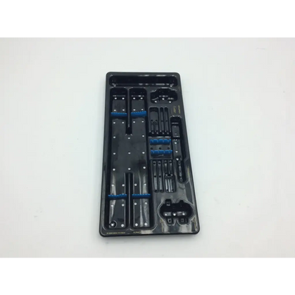 Black plastic surgical instrument tray with blue accents and molded compartments for acufex suretac instrumentation aci-37