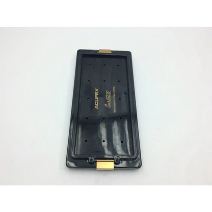Black acufex suretac instrumentation system tray with gold metal clasps and embossed branding for instrumentatio n aci-37