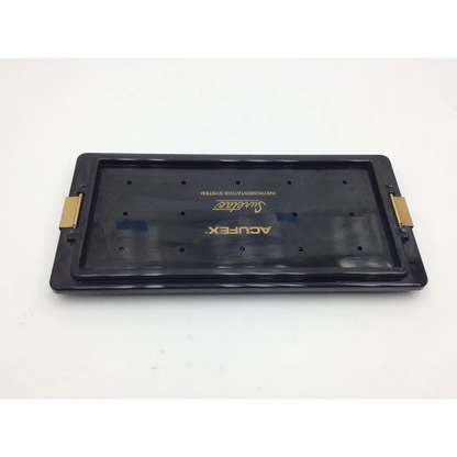 Black acufex suretac instrumentation system tray with gold metal latches for instrumentatio n aci-37 use