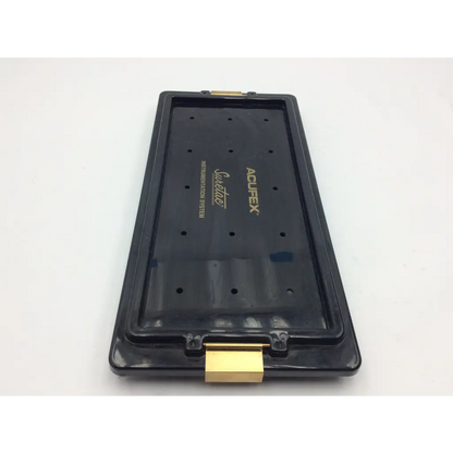 Black acufex suretac instrumentation system tray with gold latches and embossed branding for instrumentatio n aci-37