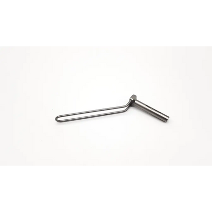 Silver metal cannulated surgical drill with curved handle and cylindrical shaft by acumed model 261672