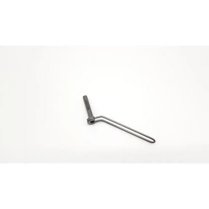 Gray metal cannulated surgical drill with cylindrical handle and two curved arms for precise surgical use Acumed 261672