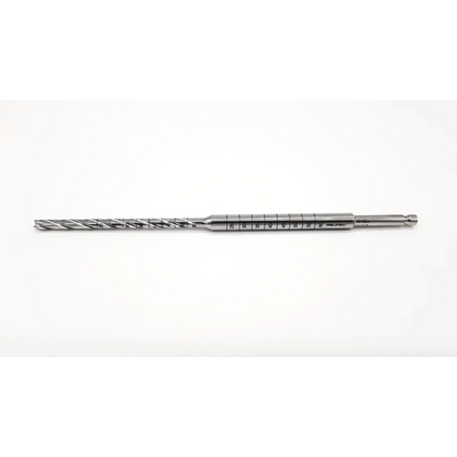 A metallic acumed acutrack cannulated long drill bit with spiral flute design and engraved measurement markings