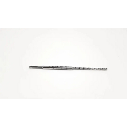 Silver acumed acutrack cannulated long drill bit with textured spiral cutting edge and engraved shaft markings