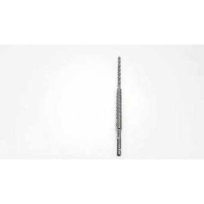 Silver-colored metal acutrack cannulated long drill bit with spiral flute design and segmented grip section
