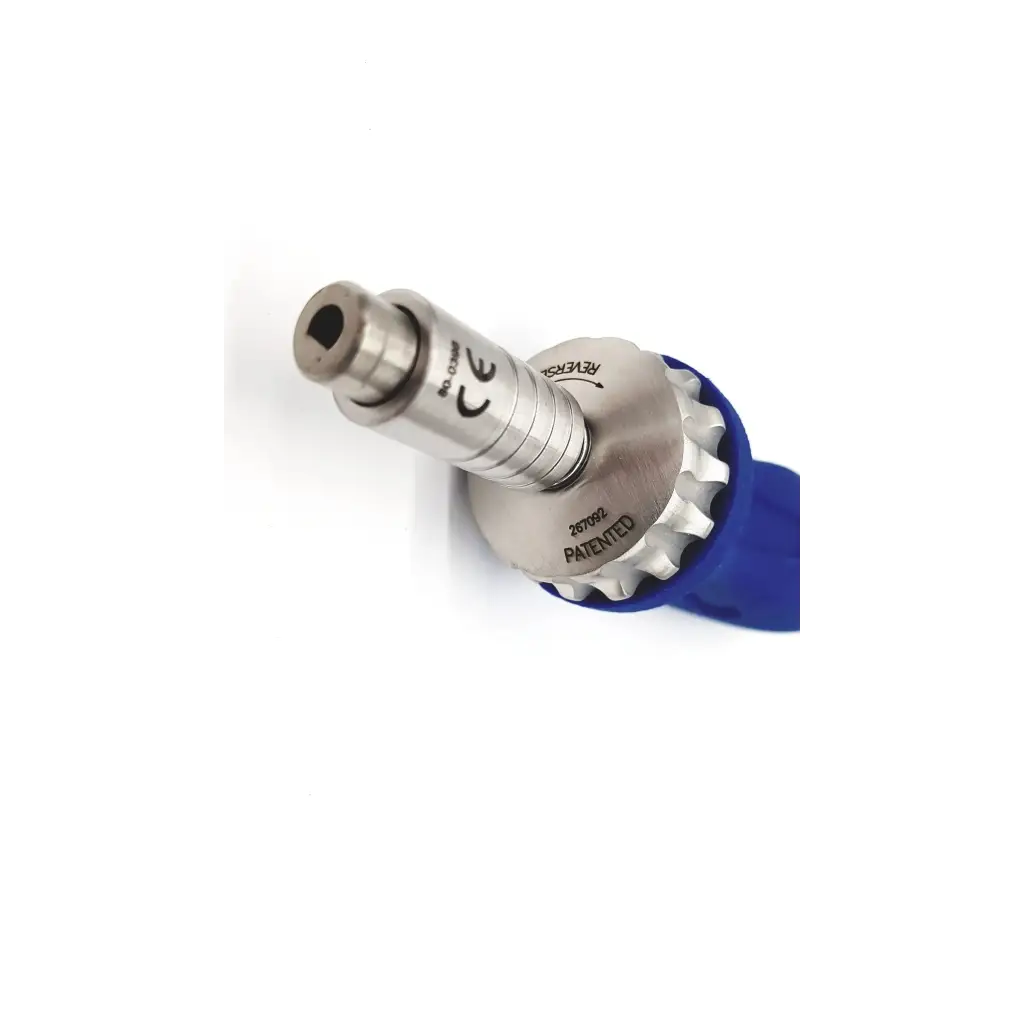 Silver metallic medium ratcheting driver handle with blue plastic grip and engraved markings for orthopedicgp surgery