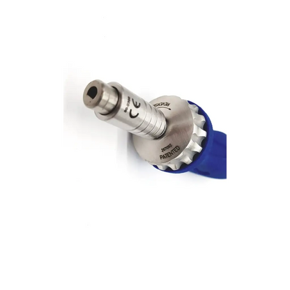 Silver metallic medium ratcheting driver handle with blue plastic grip and engraved markings for orthopedicgp surgery