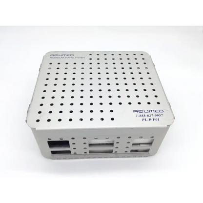 Silver metallic surgical instrument tray with perforations for acumed pl-wf01 modular hand acumed system set