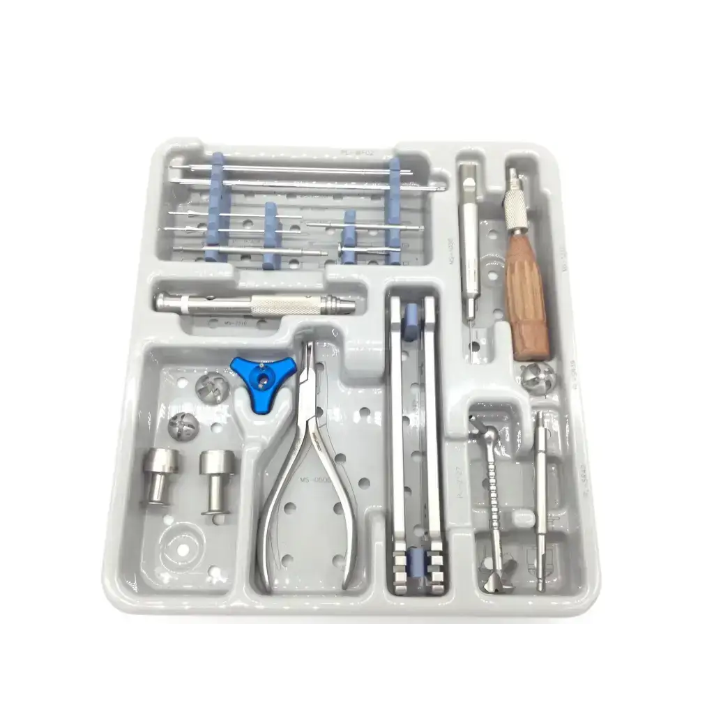 Medical surgical instrument kit with stainless steel tools blue plastic handles and wooden screwdriver in acumed pl-wf01 modular hand set