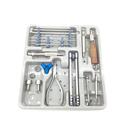 Medical surgical instrument kit with stainless steel tools blue plastic handles and wooden screwdriver in acumed pl-wf01 modular hand set
