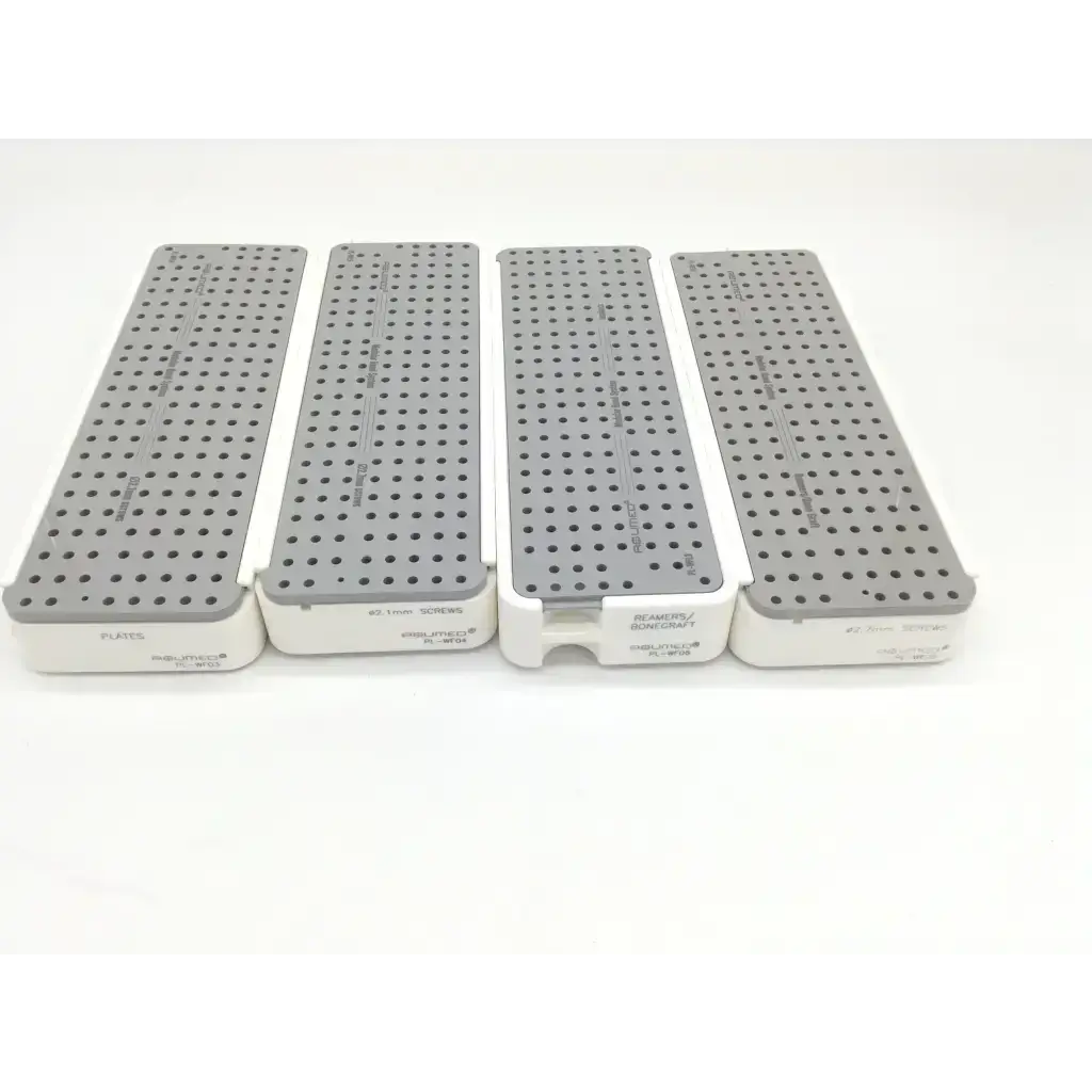 Four gray perforated surgical plates with white bases labeled reamtro for specific screws in acumed pl-wf01 modular hand set
