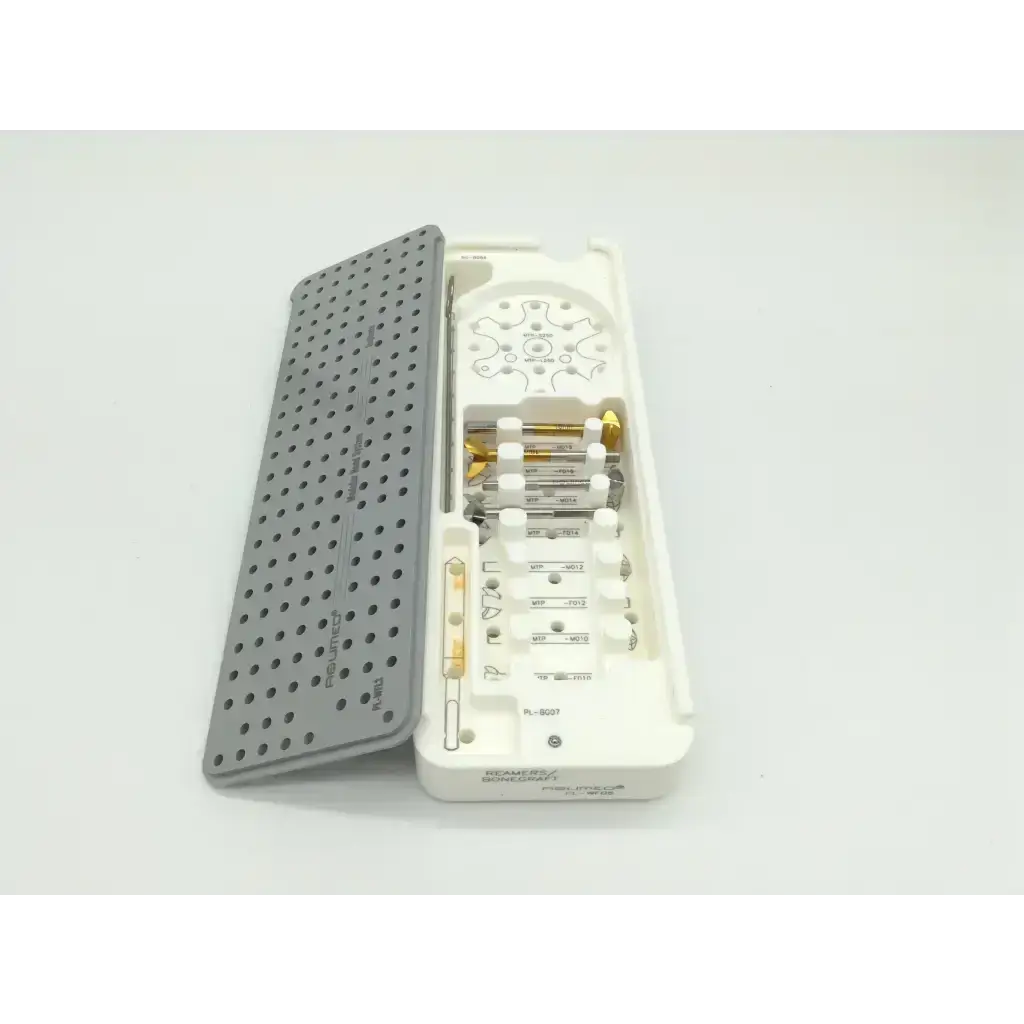 White and gray perforated surgical instrument tray with metallic tools for modular hand acumed pl-wf01 acumed set
