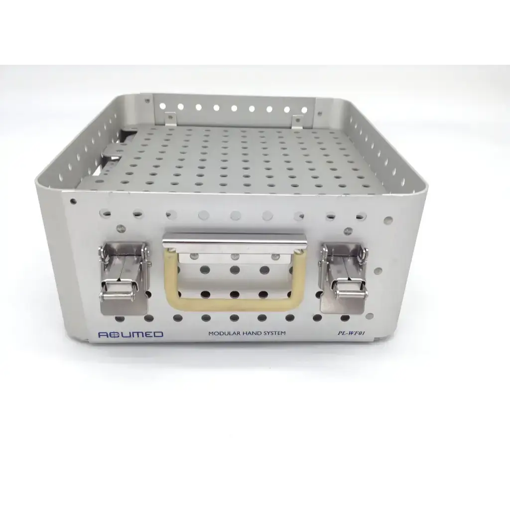 Silver metallic perforated surgical instrument tray with handle for acumed pl-wf01 acumed modular hand system set