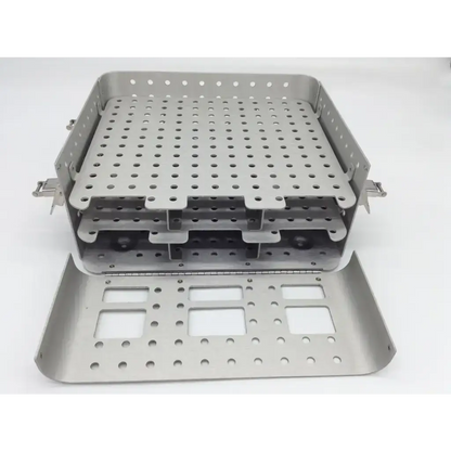Gray perforated metal surgical instrument tray with compartments and side latches for acumed pl-wf01 modular hand system