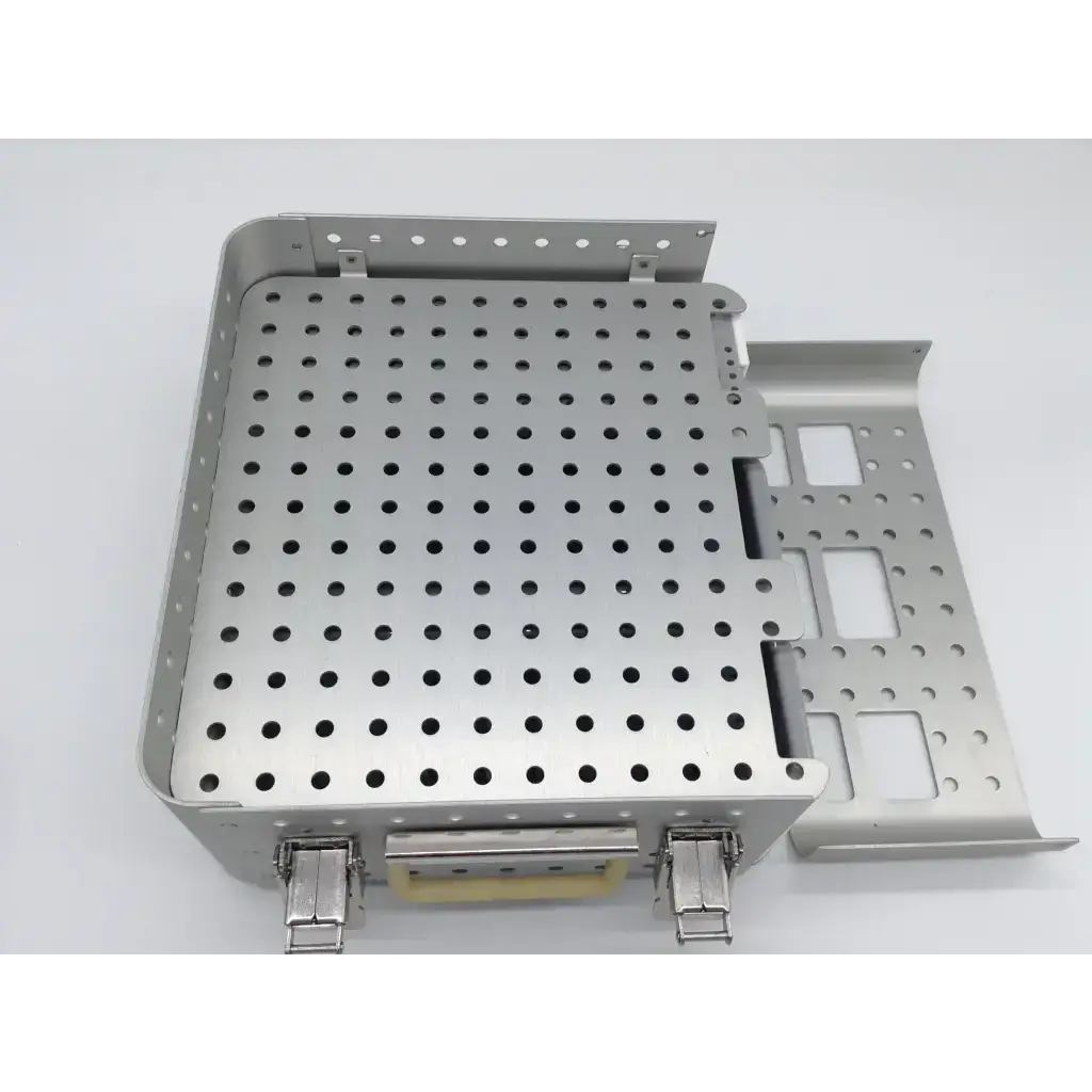 Silver metallic surgical instrument tray with perforated surface and reinforced edges for acumed pl-wf01 modular hand system