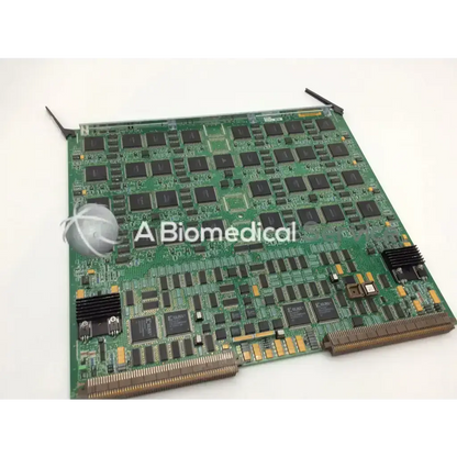 Green circuit board with black integrated circuits and gold connectors for acuson siemens ultrasound sequoia c256 assy board