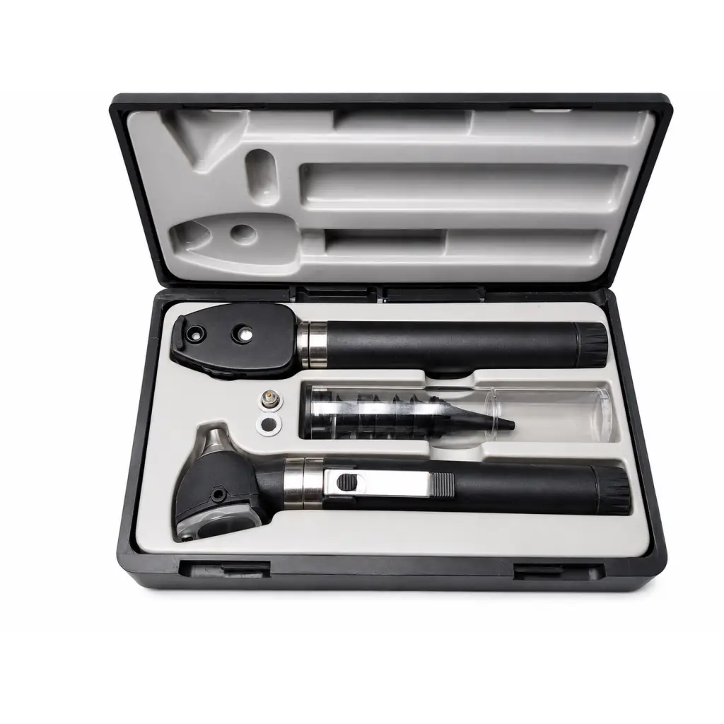 Black and silver adc 5110n diagnostic instrument set with otoscope and ophthalmoscope in molded case biomed certified