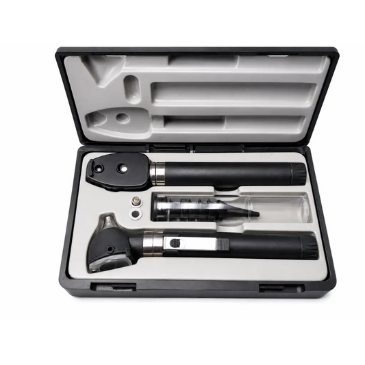 Black and silver adc 5110n diagnostic instrument set with otoscope and ophthalmoscope in molded case