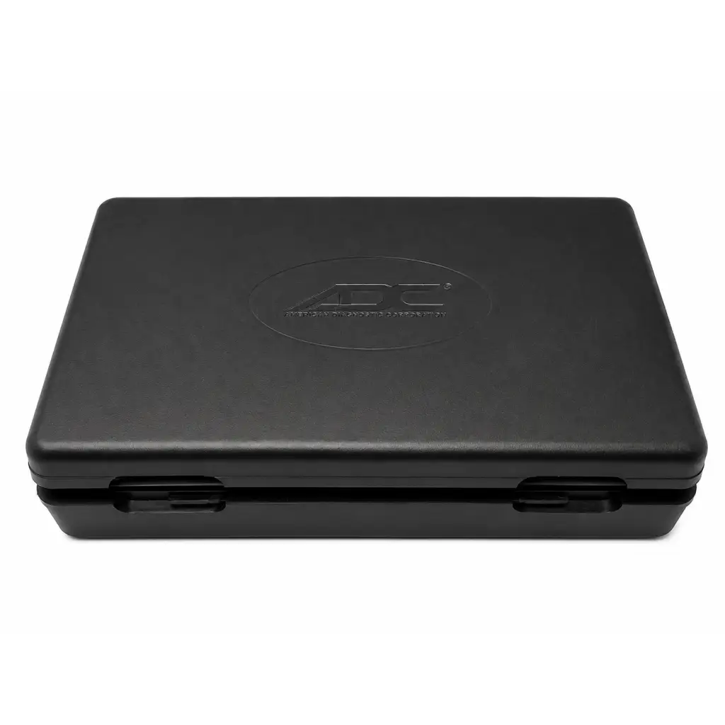 Black plastic storage case with embossed logo for adc 5110n diagnostic instrument set including otoscope and ophthalmoscope