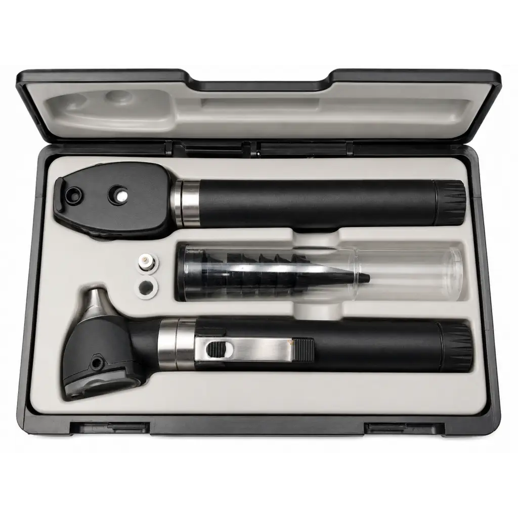 Black and silver adc 5110n diagnostic instrument set with otoscope and ophthalmoscope in hard-shell carrying case