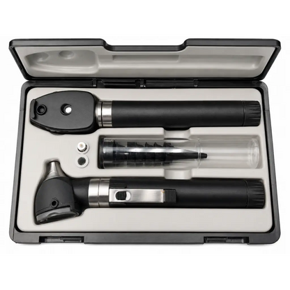 Black and silver adc 5110n diagnostic instrument set with otoscope and ophthalmoscope in hard-shell carrying case