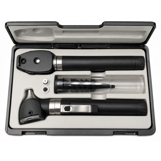 Black and silver adc 5110n diagnostic instrument set with otoscope and ophthalmoscope in hard-shell carrying case