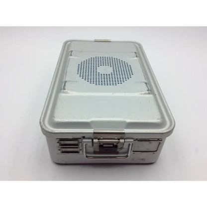 Silver metallic aluminum sterilization case 17x11x5 te673 dbgm with perforated lid and sturdy latches